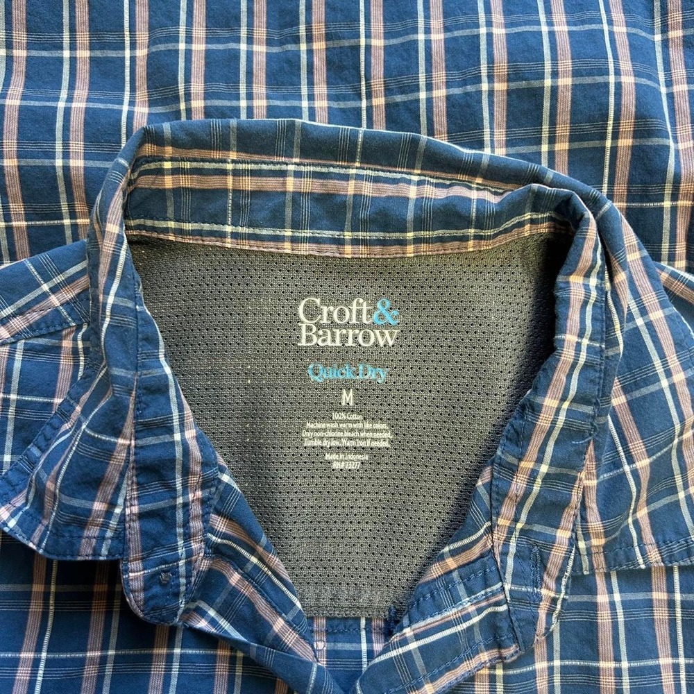 Croft & Barrow Mens Blue Checkered Cropped Short Sleeve Button Up Shirt M - Picture 4 of 6